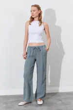 Women's Khaki Linen Wide-Leg Trousers with Drawstring Waist and Side Pockets