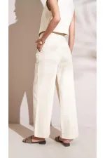 Kadın Naturel Önü Çift Pileli Palazzo Balıksırtı Gabardin Kumaş Pantolon