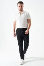 Erkek Siyah Beli Yarım Lastikli Mendi Örme Jakar Pantolon
