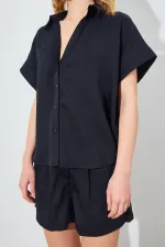Kadın Siyah Oversize Düşük Kol Gömlek Şortlu Takım