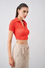 Kadın Nar Polo Yaka Bürümcük Kumaş Crop