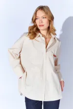 Kadın Bej Önü Kısa Arkası Uzun Oversize Poplin Gömlek