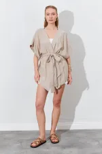 Kadın Koyu Bej Düşük Kol Kuşaklı Kimono