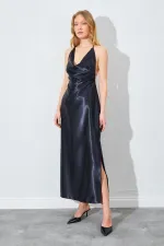 Kadın Siyah Degaje Yaka Saten Uzun Elbise