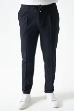 Erkek V002-Lacivert Yandan Lastikli Keten Efektli Tristan Dokuma Tek Pileli Duble Paça Pantolon