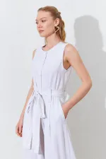 Kadın Naturel Kolsuz Kuşak Bağlamalı Double Paça Tulum