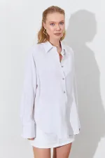 Kadın Naturel Oversize Keten Gömlek