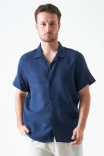Erkek İndigo Kısa Kol Apaj Yaka Müslin Regular Gömlek