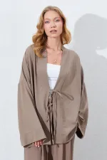 Kadın Toprak Önü İp Bağlamalı Kimone Ceket