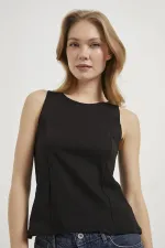 Kadın Siyah Kayık Yaka Bel Oturtmalı Licralı Peplum Bluz