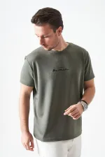 T-shirt kaki à col rond pour homme, fabriqué en modal imprimé