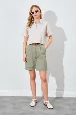 Kadın Taş Çift Cepli Düşük Kol Crop Gömlek