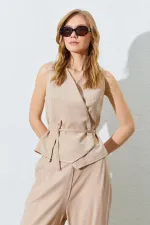 Kadın Vizon Kruvaze Yelekli Biye Bağlamalı Palazzo Pantolonlu Takım