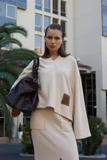 Kadın Tereyağ V Yaka Kapşonlu Yırtmaçlı Etek Selanik Takım