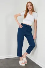 Kadın İndigo Beli Bağlamalı Havuç Paça Poplin Pantolon