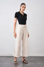 Kadın Taş Beli Bağlamalı Geniş Piş Dikişli Paça Pantolon