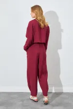 Kadın Bordo Paça Düğmeli Modal Kumaş Pantolon