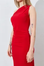 Kadın Kırmızı Tek Omuz Yanı Drapeli Sandy Elbise