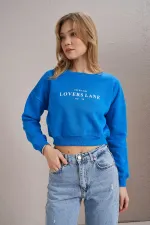 Women's Blue Crew Neck Lovers Lane Print Three-Thread Crop Sweatshirt