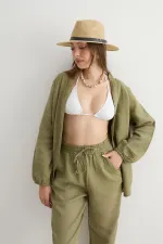 Women's Khaki Elastic Waist Carrot Leg Muslin Pants