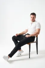 Erkek Siyah Beli Yarım Lastikli Mendi Örme Jakar Pantolon