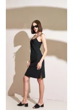 Kadın Siyah Önü Bağlamalı Yanı Yırtmaçlı İp Askılı Kısa Elbise