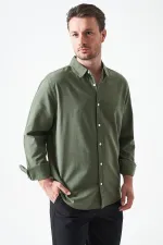 Erkek Haki Uzun Kol Basic Pamuk Flam Regular Gömlek