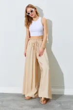 Kadın Bej Beli Kalın Lastikli Bol Kesim Modal Pantolon