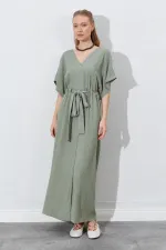 Kadın Haki Düşük Kol Beli Tünel Kemerli Keten Uzun Elbise