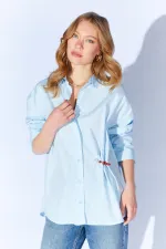 Kadın Mavi Önü Kısa Arkası Uzun Oversize Poplin Gömlek