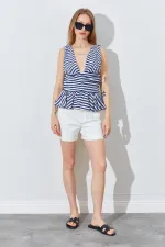 Kadın Lacivert Önü Arkası V Beli Drapeli Peplum Bluz