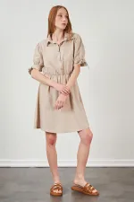 Kadın Bej Kolları Bağlamalı Poplin Elbise