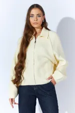 Kadın Krem Yakası Dışardan Cepli Fermuarlı Salaş Hırka