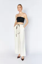 Kadın Krem Beli Fular Kemerli Floş Saten Bol Paça Pantolon