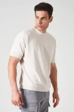 Erkek Bej Bisiklet Yaka Kol Ve Etek Ribanalı İki İp Rahat Kalıp Tişört