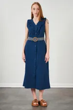 Kadın İndigo Yaka Fırfırlı Önü Düğmeli Kolsuz Poplin Kumaş Uzun Elbise