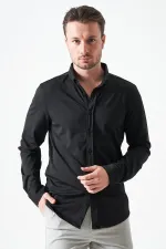 Erkek Siyah Uzun Kol Ripaş Dalgıç Slim Fit Gömlek