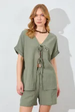 Kadın Haki Düşük Kol Bağlamalı Bluzlu Şortlu Keten Takım