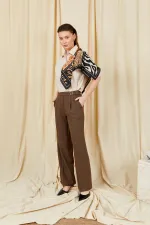 Women's Dark Brown 3522 Loose Fit Trousers with Side Buckle