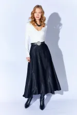 Jupe longue en satin noir ceinturée pour femme 3499