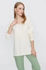 Kadın Ekru V Yaka Salaş Triko Kazak