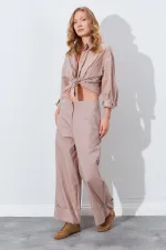 Kadın Vizon Geniş Double Boru Paça Pantolon