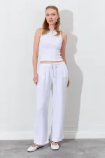 Women's White Linen Wide Leg Trousers with Drawstring Waist and Side Pockets