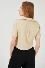 Kadın Taş Bürümcük Tek Cep Crop Gömlek