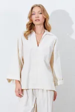Chemise ample à col en V profond et manches coudes pour femme, couleur pierre