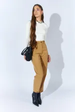 Kadın Camel Beli Düğmeli Çift Dikişli Pantolon