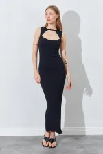 Kadın Siyah Önü Pencere Detaylı Elbise