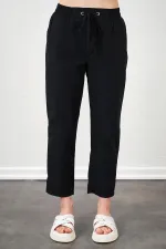 Kadın Siyah Beli Bağlamalı Havuç Paça Poplin Pantolon