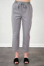 Kadın Gri Beli Bağlamalı Havuç Paça Poplin Pantolon