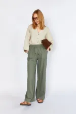 Kadın Haki Bol Paça Dışarıdan Cepli Keten Pantolon